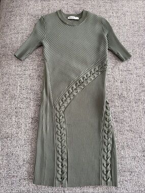 Ribbed Olive Knit Midi Dress with Braided Trim